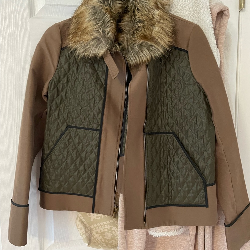 BCBG Max Azria Women's Brown and Green Jacket with Removable Faux Fur Collar